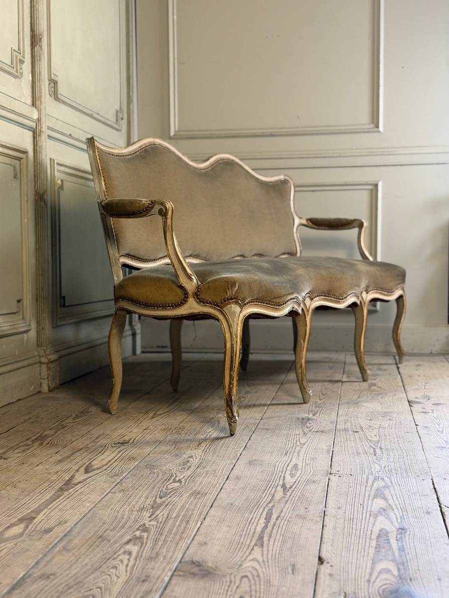 Banquette Louis XV en bois sculpté et peint, XVIIIème siècle-photo-2