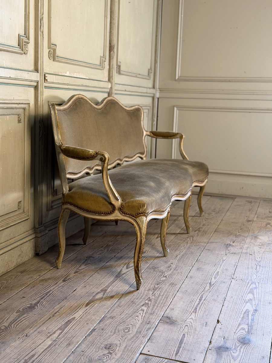 Banquette Louis XV en bois sculpté et peint, XVIIIème siècle-photo-4