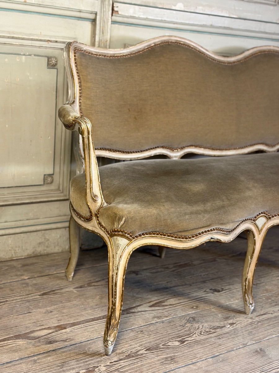 Banquette Louis XV en bois sculpté et peint, XVIIIème siècle-photo-6