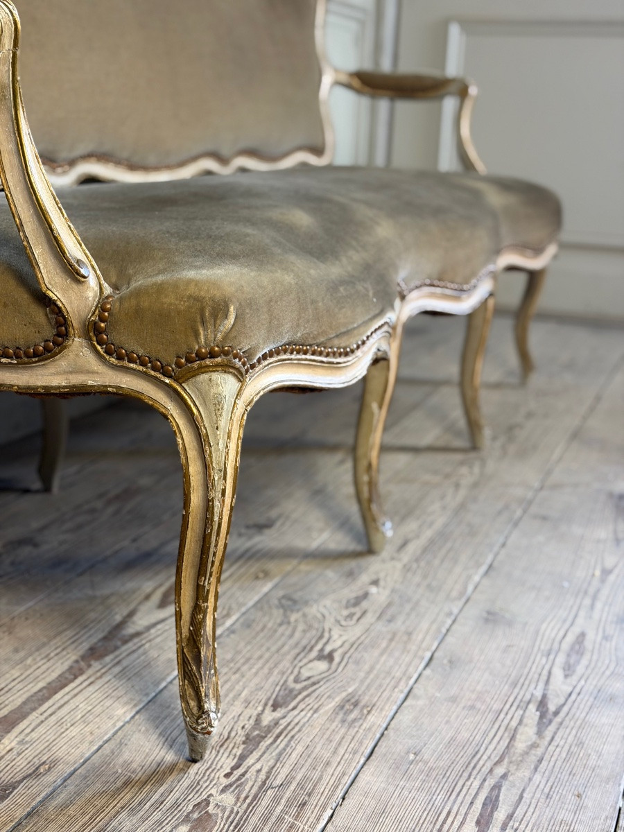 Banquette Louis XV en bois sculpté et peint, XVIIIème siècle-photo-7