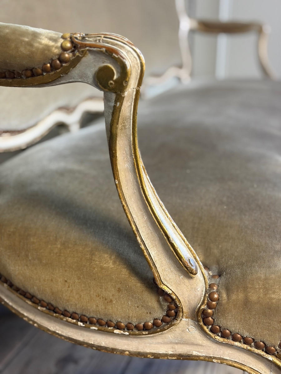 Banquette Louis XV en bois sculpté et peint, XVIIIème siècle-photo-8