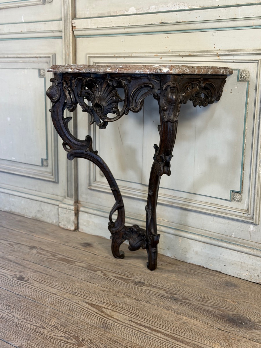 Console Louis XV en chêne sculpté, patine noire, XVIIIeme siècle-photo-2
