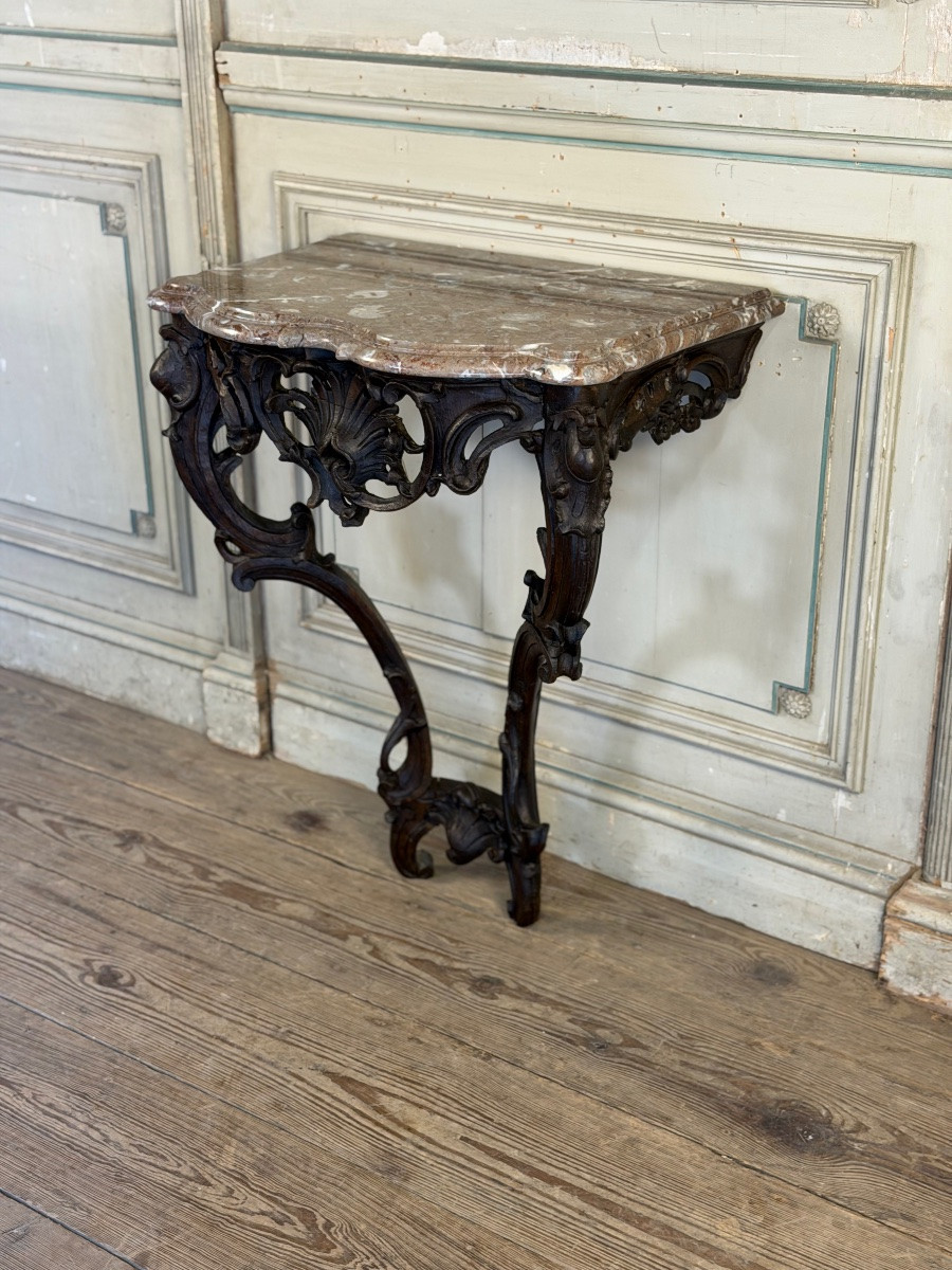 Console Louis XV en chêne sculpté, patine noire, XVIIIeme siècle-photo-3