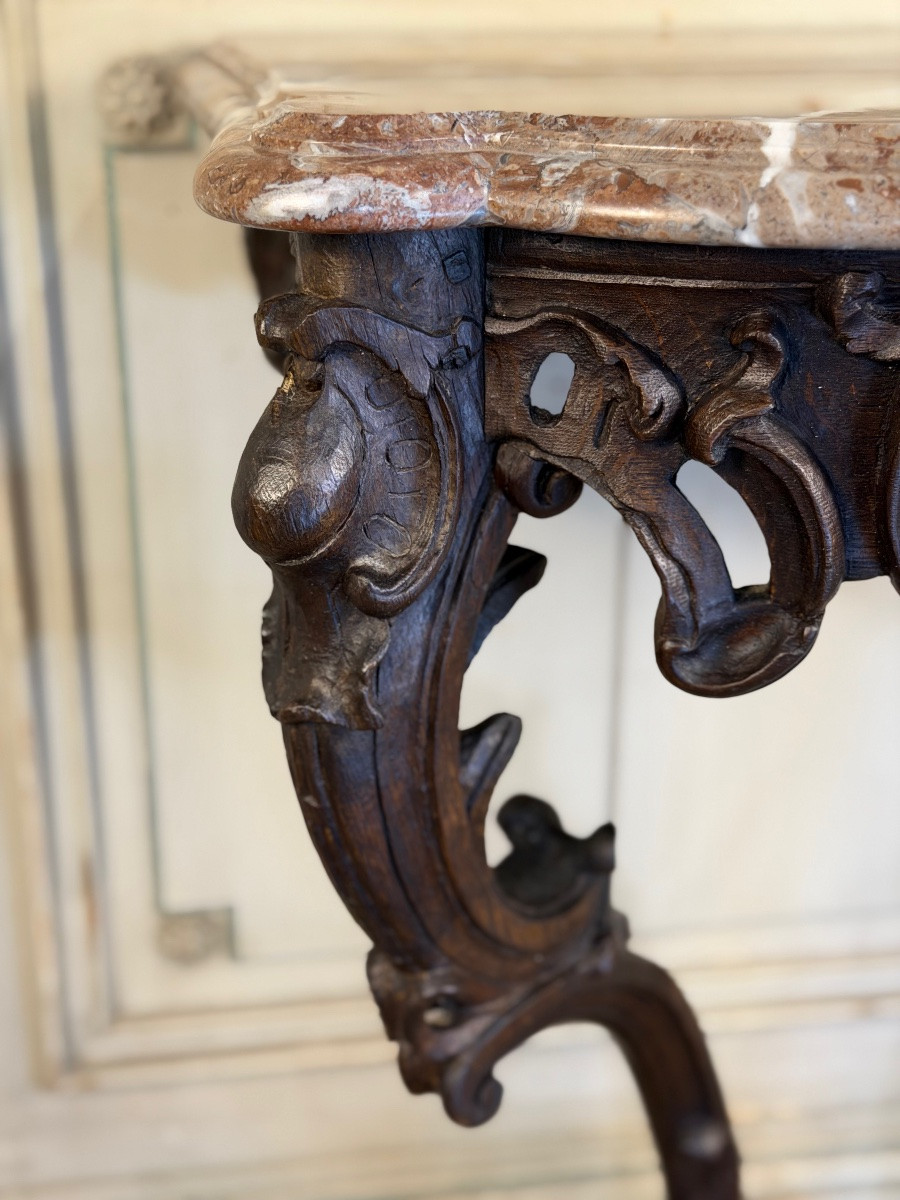Console Louis XV en chêne sculpté, patine noire, XVIIIeme siècle-photo-2