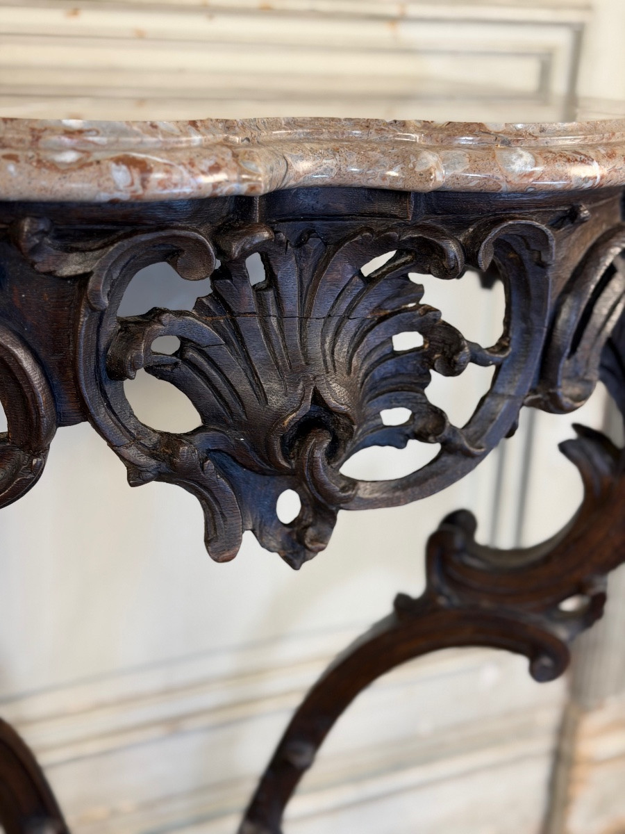 Console Louis XV en chêne sculpté, patine noire, XVIIIeme siècle-photo-3