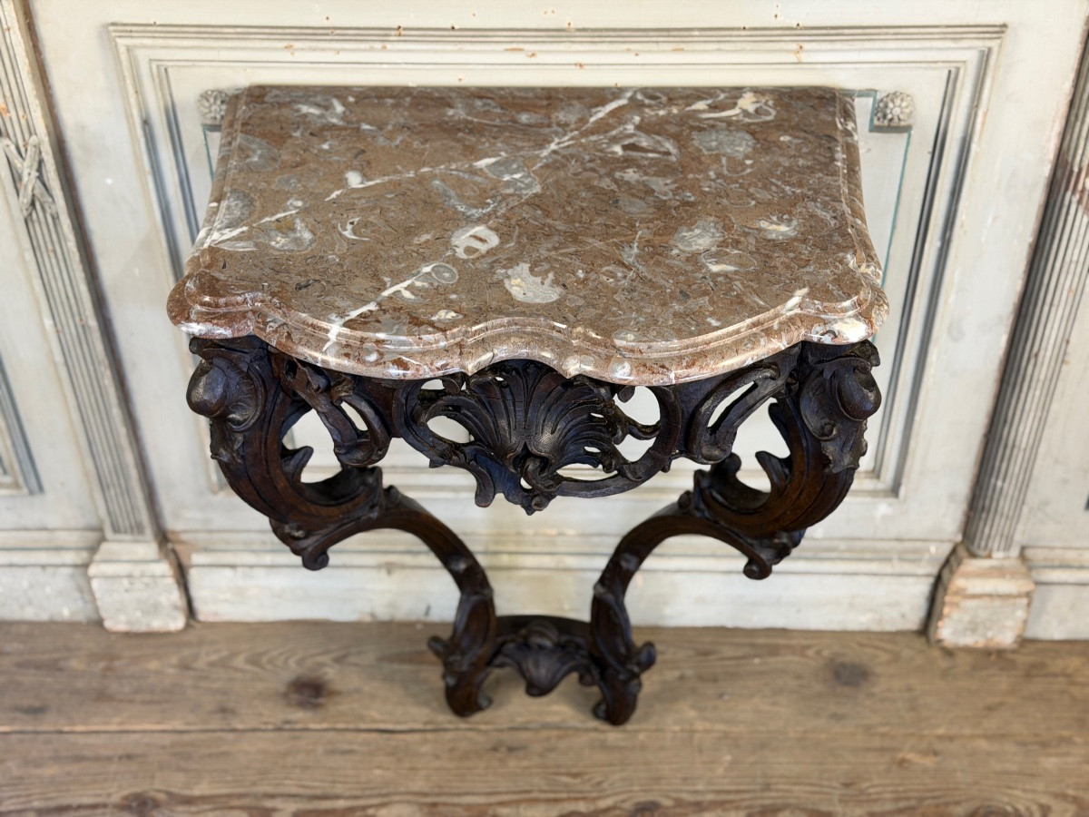 Console Louis XV en chêne sculpté, patine noire, XVIIIeme siècle-photo-4