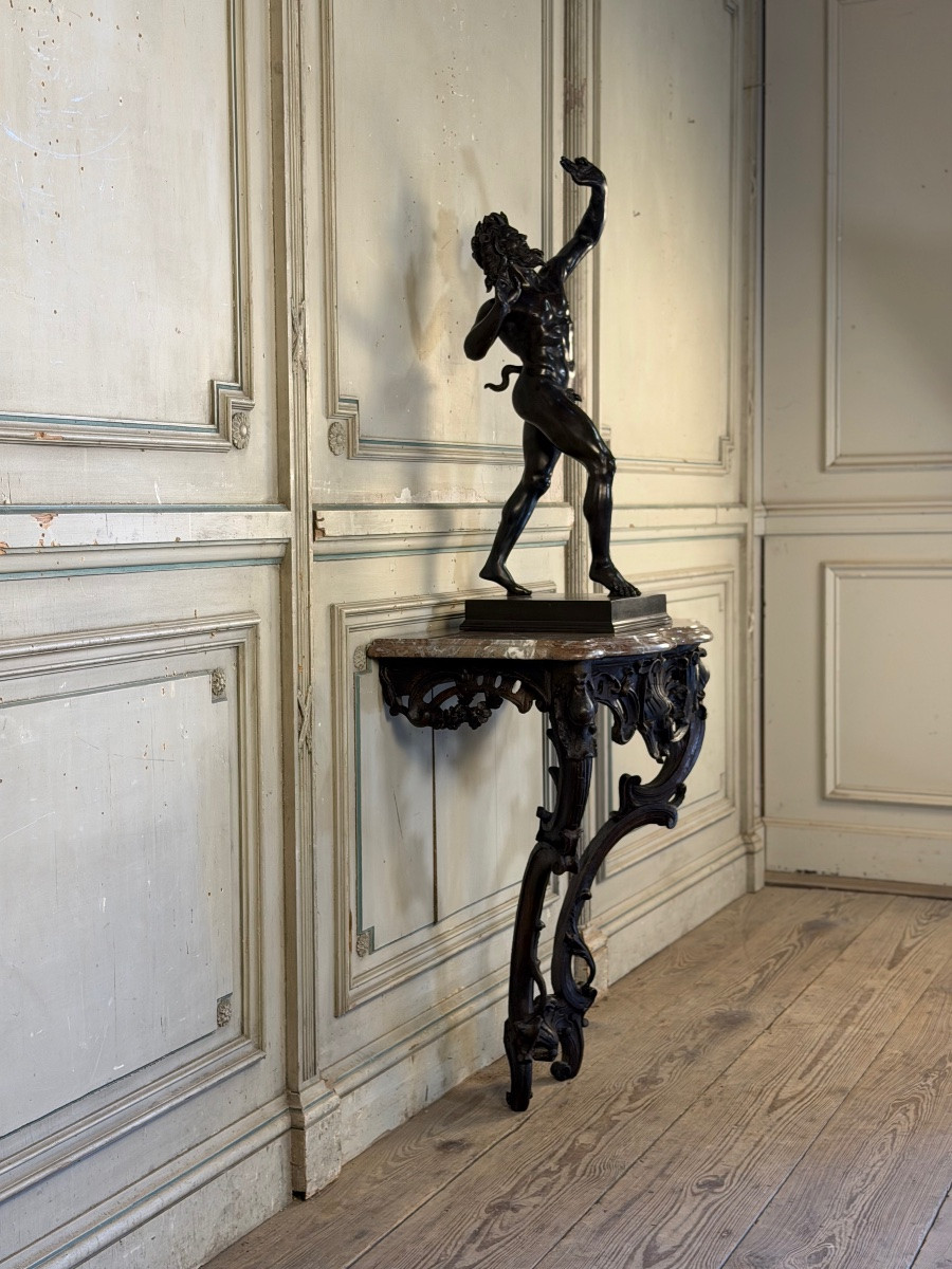 Console Louis XV en chêne sculpté, patine noire, XVIIIeme siècle-photo-5