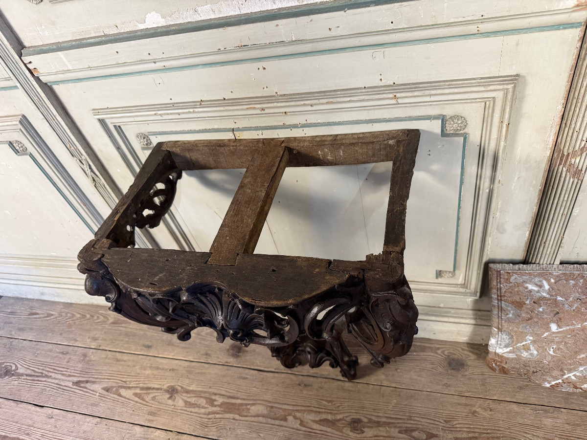 Console Louis XV en chêne sculpté, patine noire, XVIIIeme siècle-photo-6