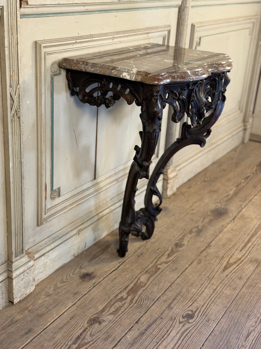 Console Louis XV en chêne sculpté, patine noire, XVIIIeme siècle-photo-8