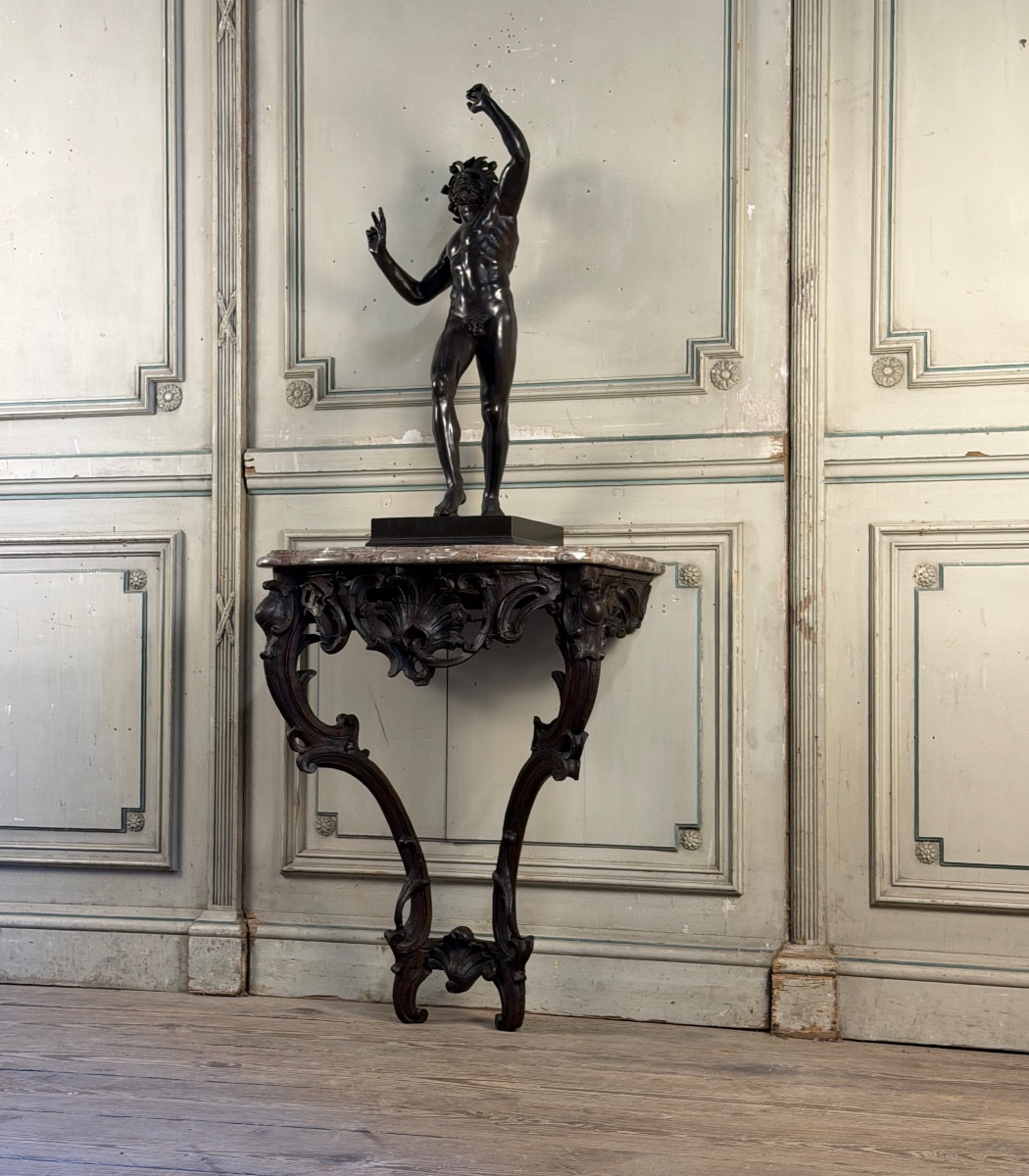 Console Louis XV en chêne sculpté, patine noire, XVIIIeme siècle