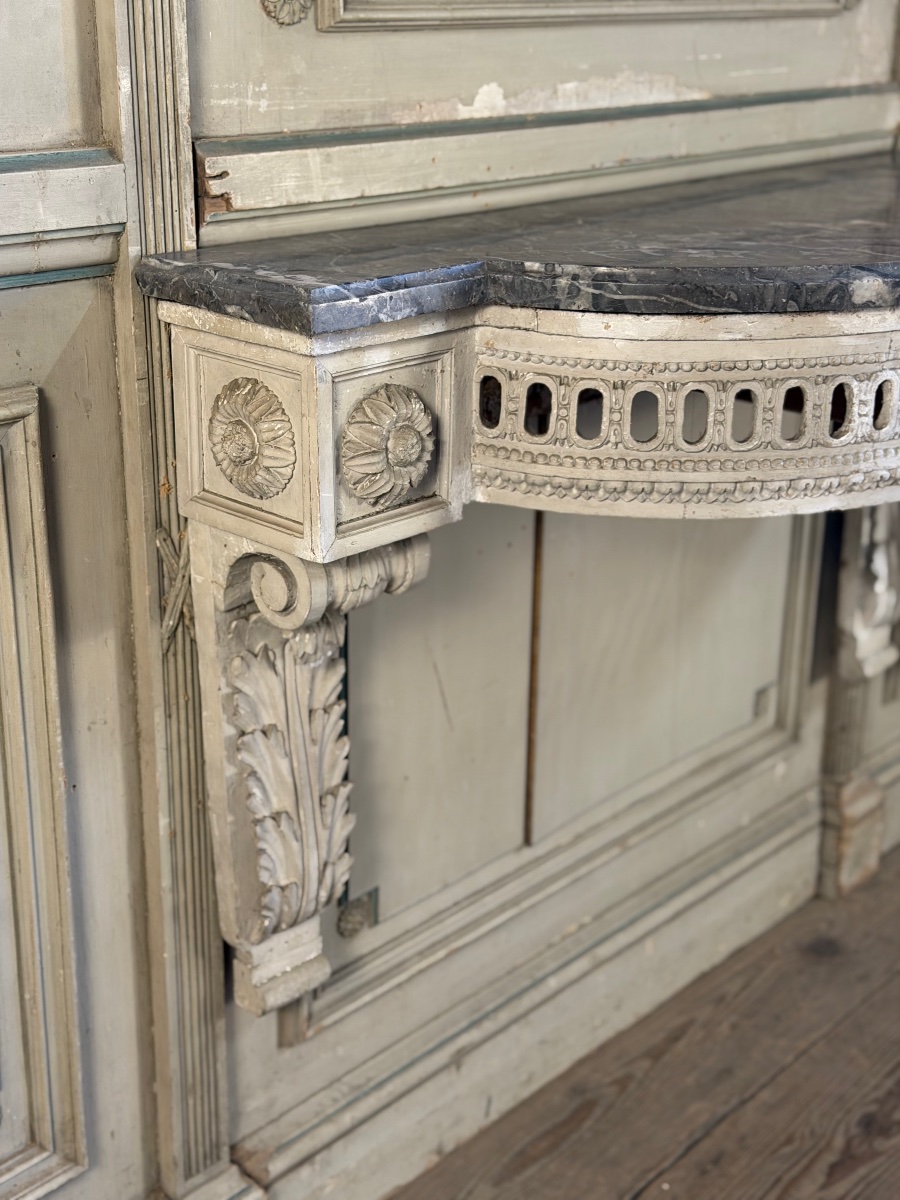Console d’applique Louis XVI en bois sculpté, patine grise, XVIIIème siècle -photo-2