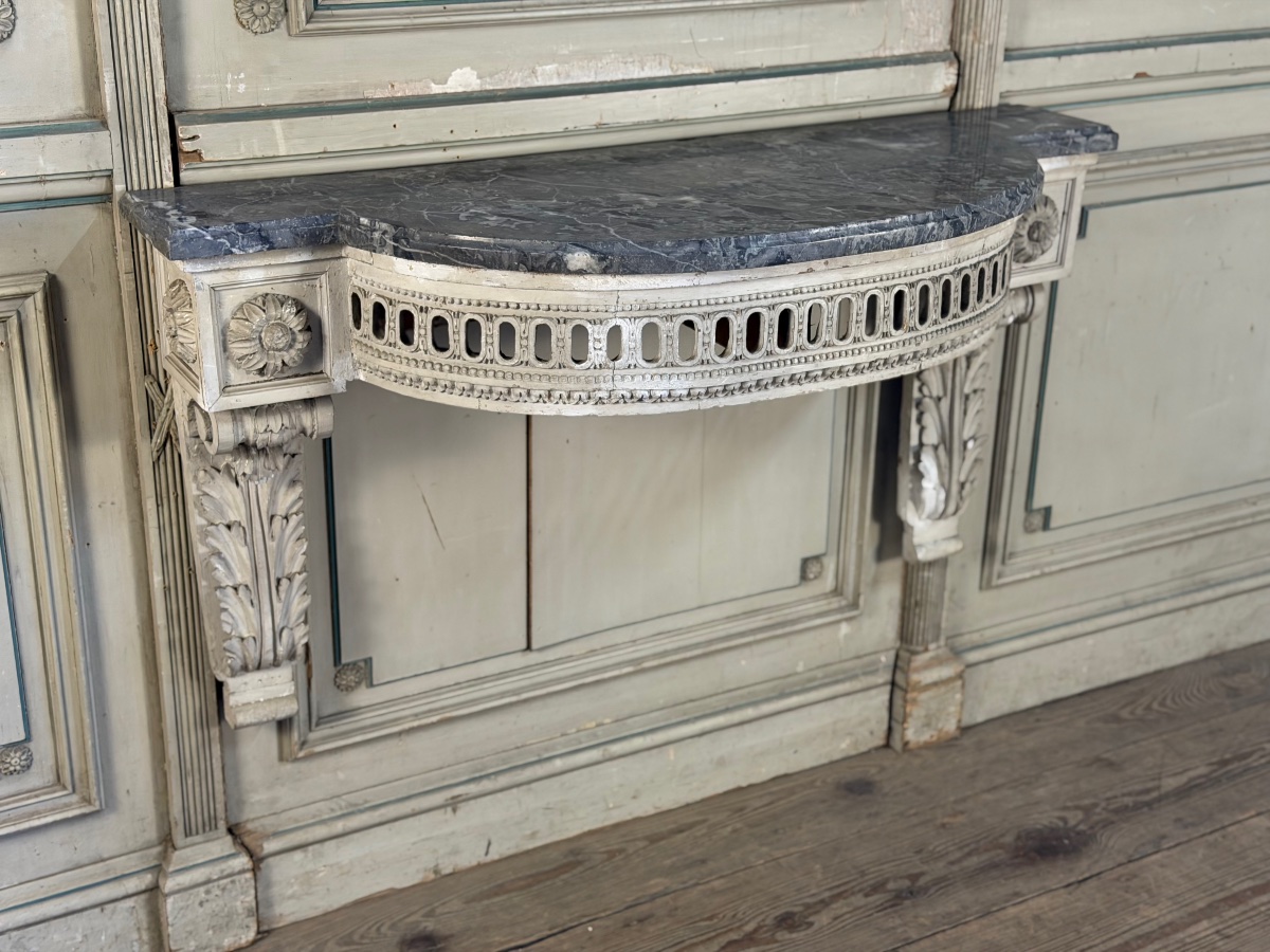 Console d’applique Louis XVI en bois sculpté, patine grise, XVIIIème siècle -photo-3