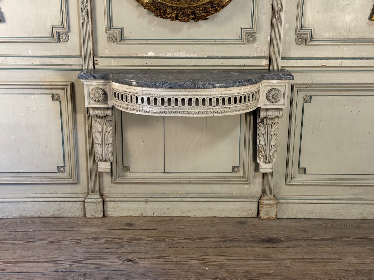 Console d’applique Louis XVI en bois sculpté, patine grise, XVIIIème siècle -photo-4