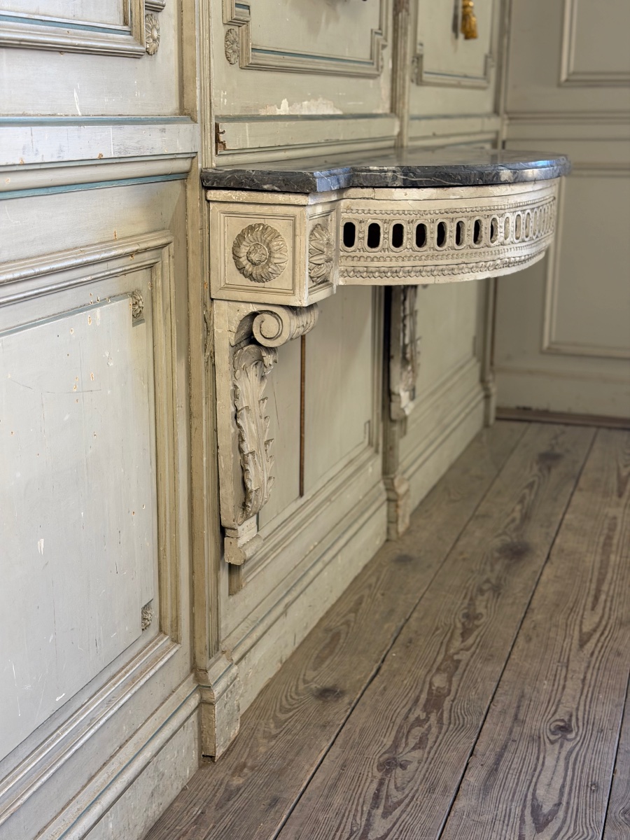 Console d’applique Louis XVI en bois sculpté, patine grise, XVIIIème siècle -photo-2