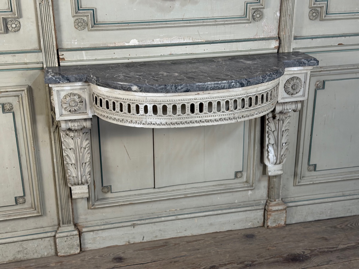 Console d’applique Louis XVI en bois sculpté, patine grise, XVIIIème siècle -photo-8