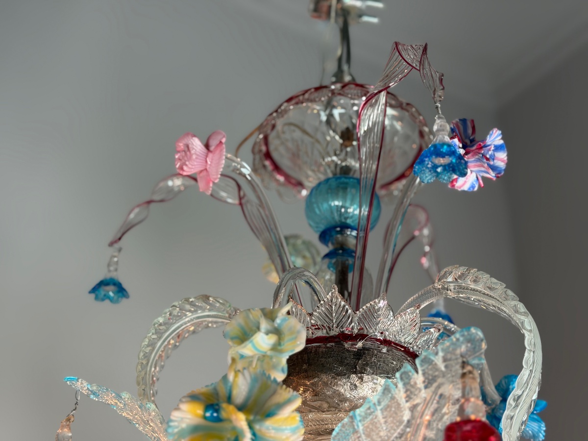 Lustre vénitien rezzonico en verre de Murano multicolore vers 1900-photo-2