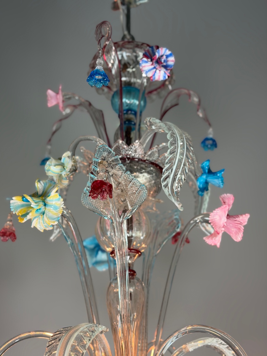 Lustre vénitien rezzonico en verre de Murano multicolore vers 1900-photo-7