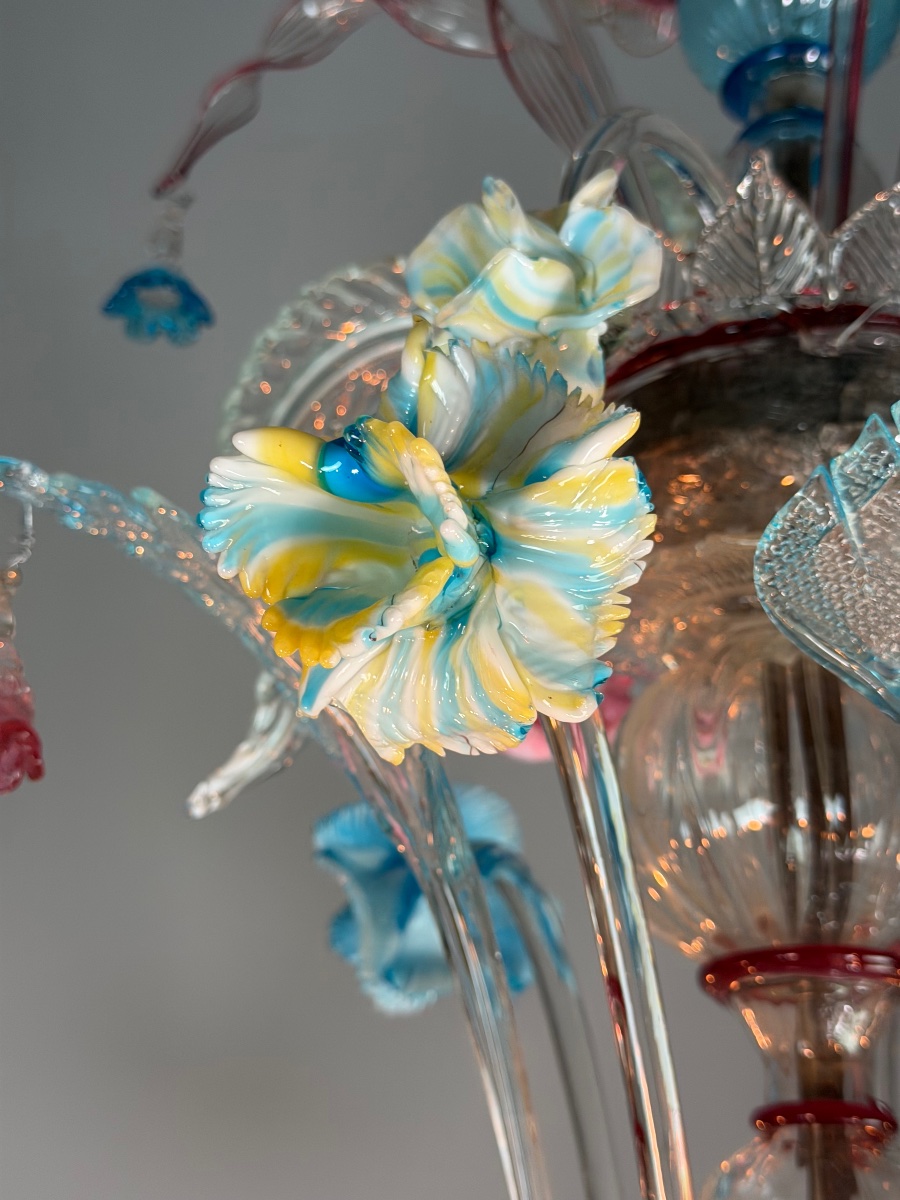 Lustre vénitien rezzonico en verre de Murano multicolore vers 1900-photo-8