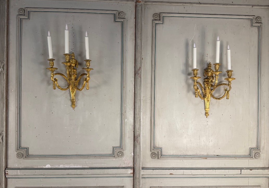 Paire d’appliques en bronze doré de style Louis XVI vers 1880-photo-4