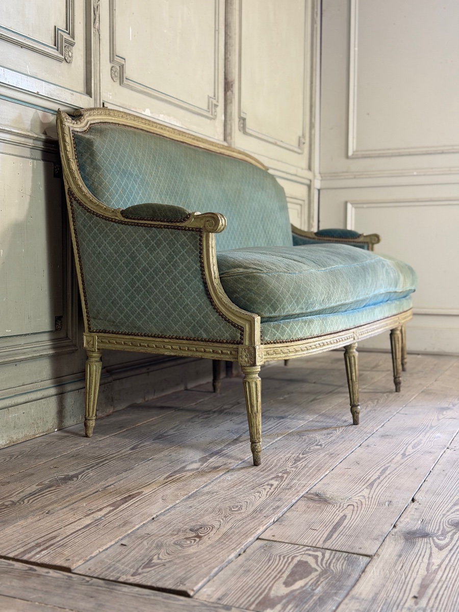 Banquette Louis XVI en bois sculpté et peint vert clair, XVIIIème siècle-photo-2