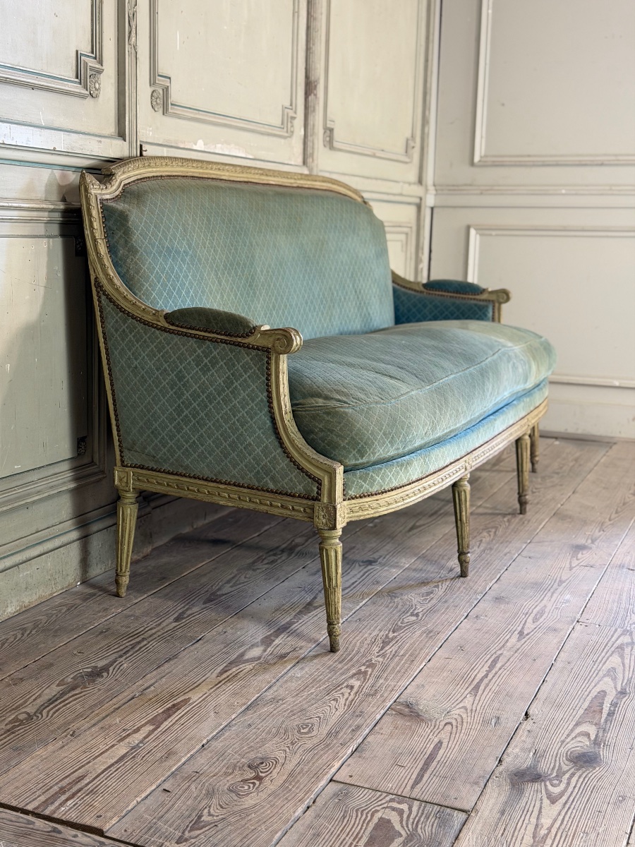 Banquette Louis XVI en bois sculpté et peint vert clair, XVIIIème siècle-photo-3