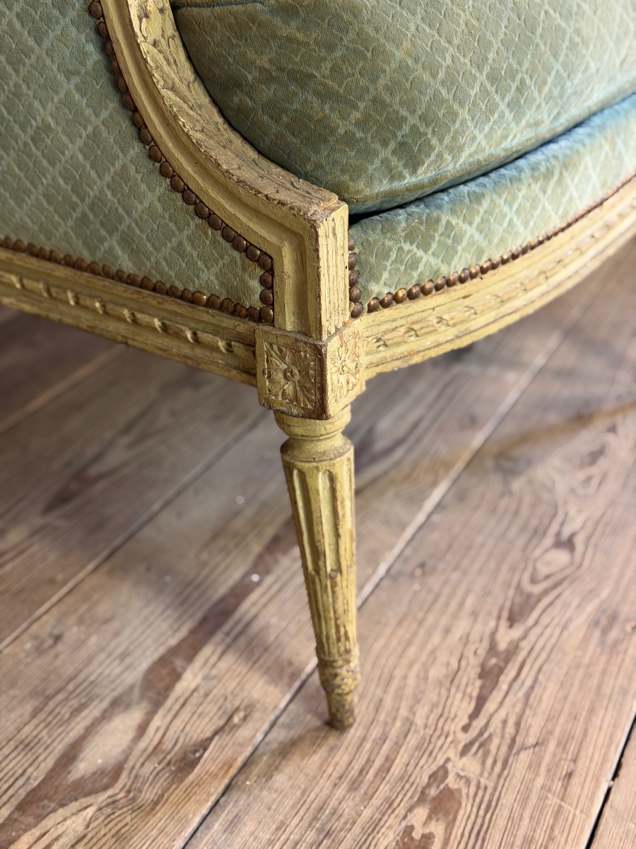 Banquette Louis XVI en bois sculpté et peint vert clair, XVIIIème siècle-photo-4
