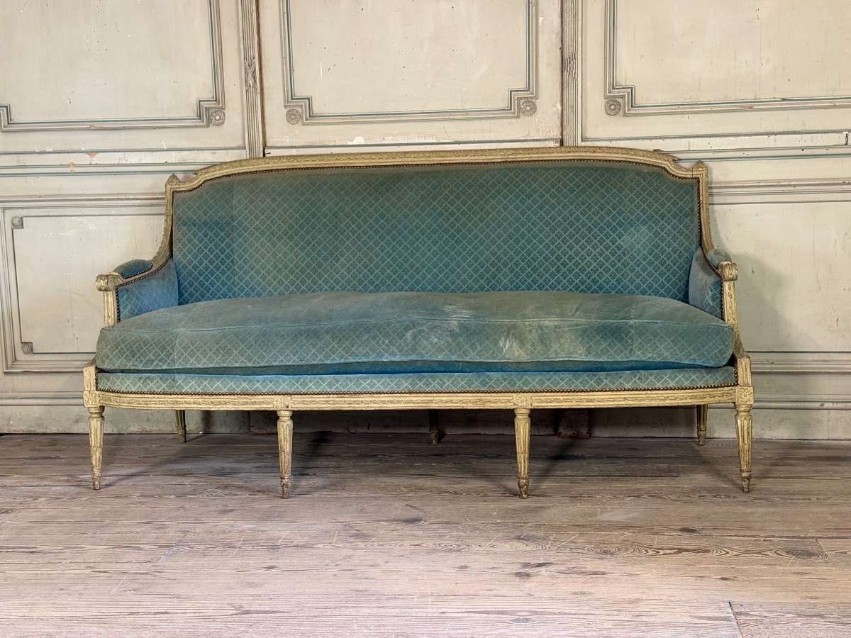 Banquette Louis XVI en bois sculpté et peint vert clair, XVIIIème siècle-photo-2