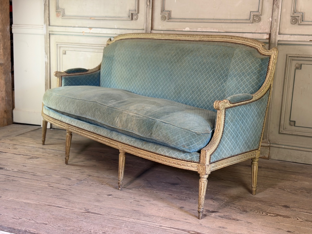 Banquette Louis XVI en bois sculpté et peint vert clair, XVIIIème siècle-photo-3