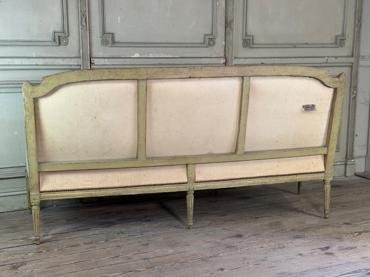 Banquette Louis XVI en bois sculpté et peint vert clair, XVIIIème siècle-photo-4