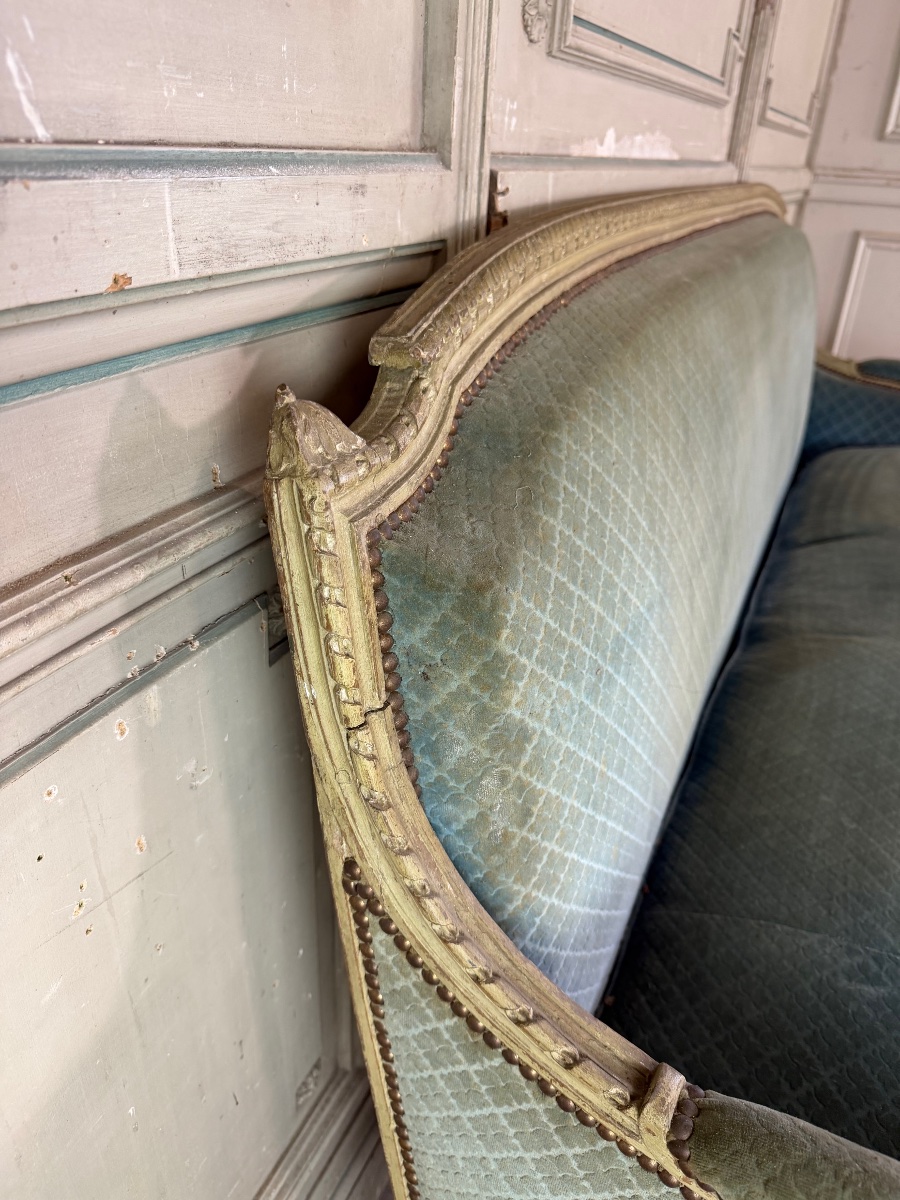 Banquette Louis XVI en bois sculpté et peint vert clair, XVIIIème siècle-photo-7