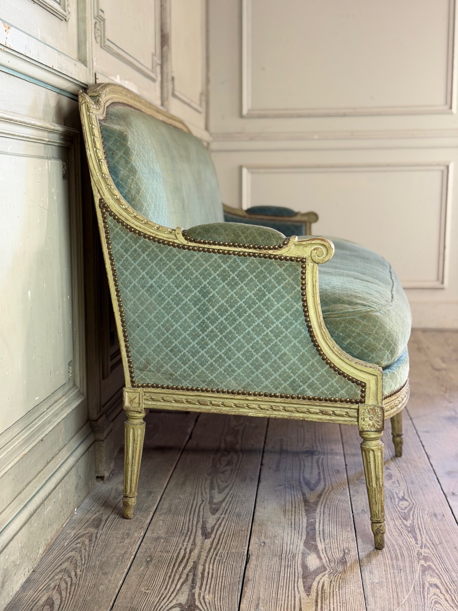 Banquette Louis XVI en bois sculpté et peint vert clair, XVIIIème siècle-photo-8