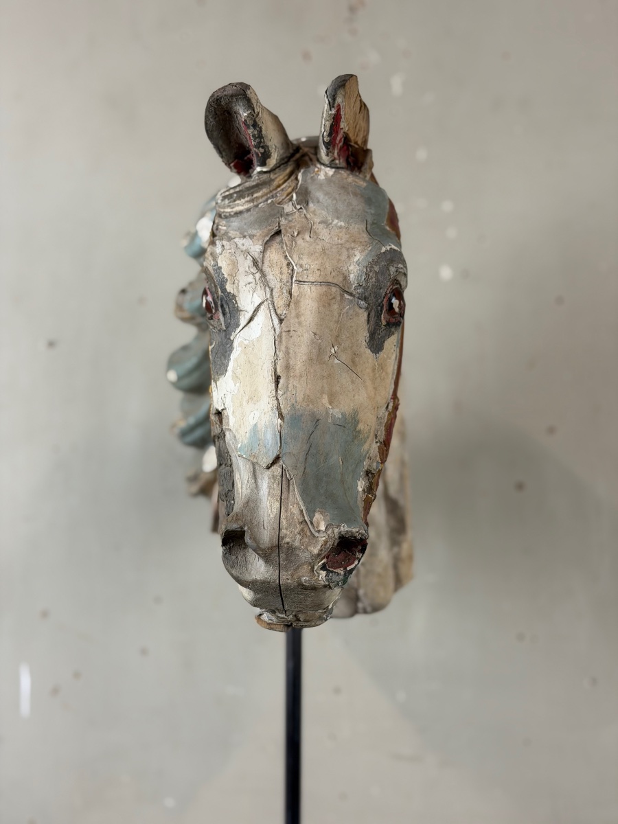 Head Of A Wooden Carousel Horse, With Multiple Layers Of Paint, Circa 1900-photo-1