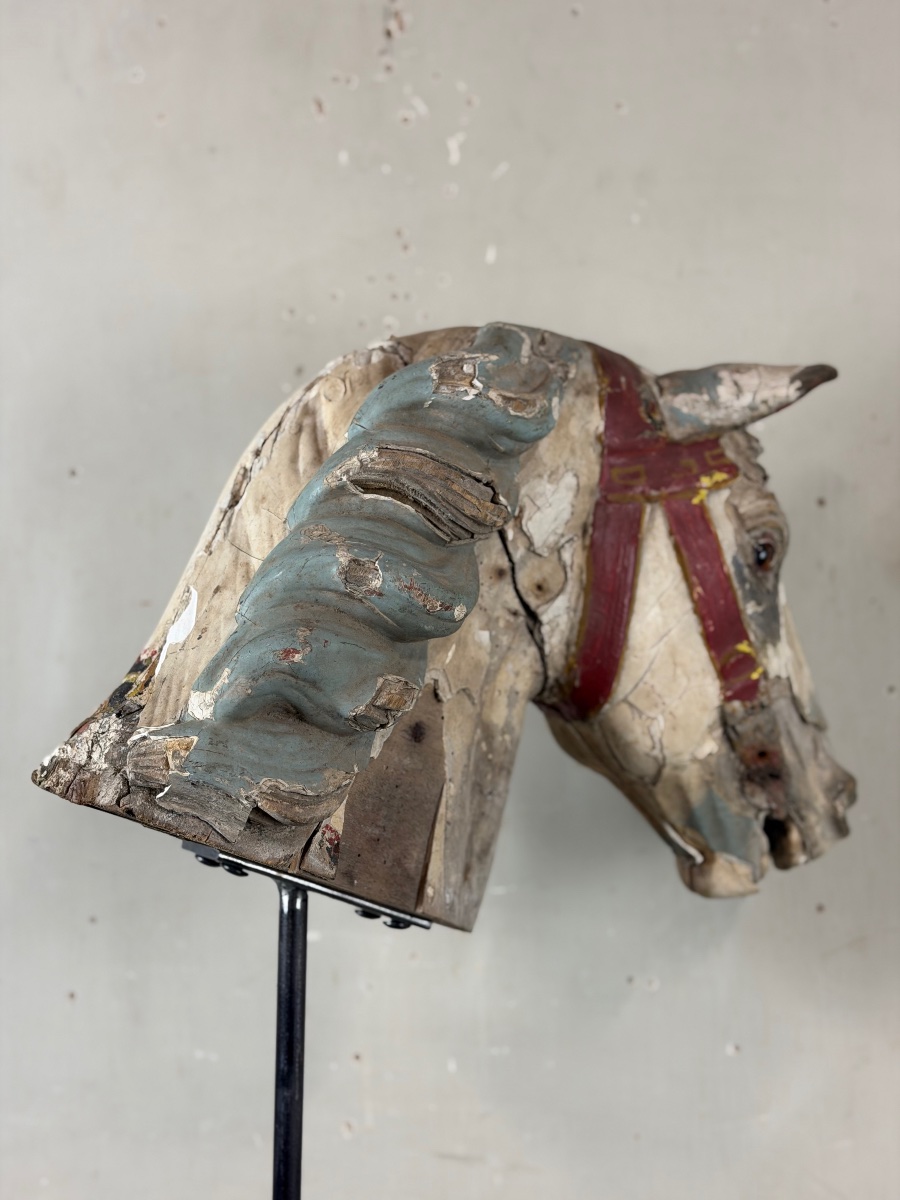 Head Of A Wooden Carousel Horse, With Multiple Layers Of Paint, Circa 1900-photo-3