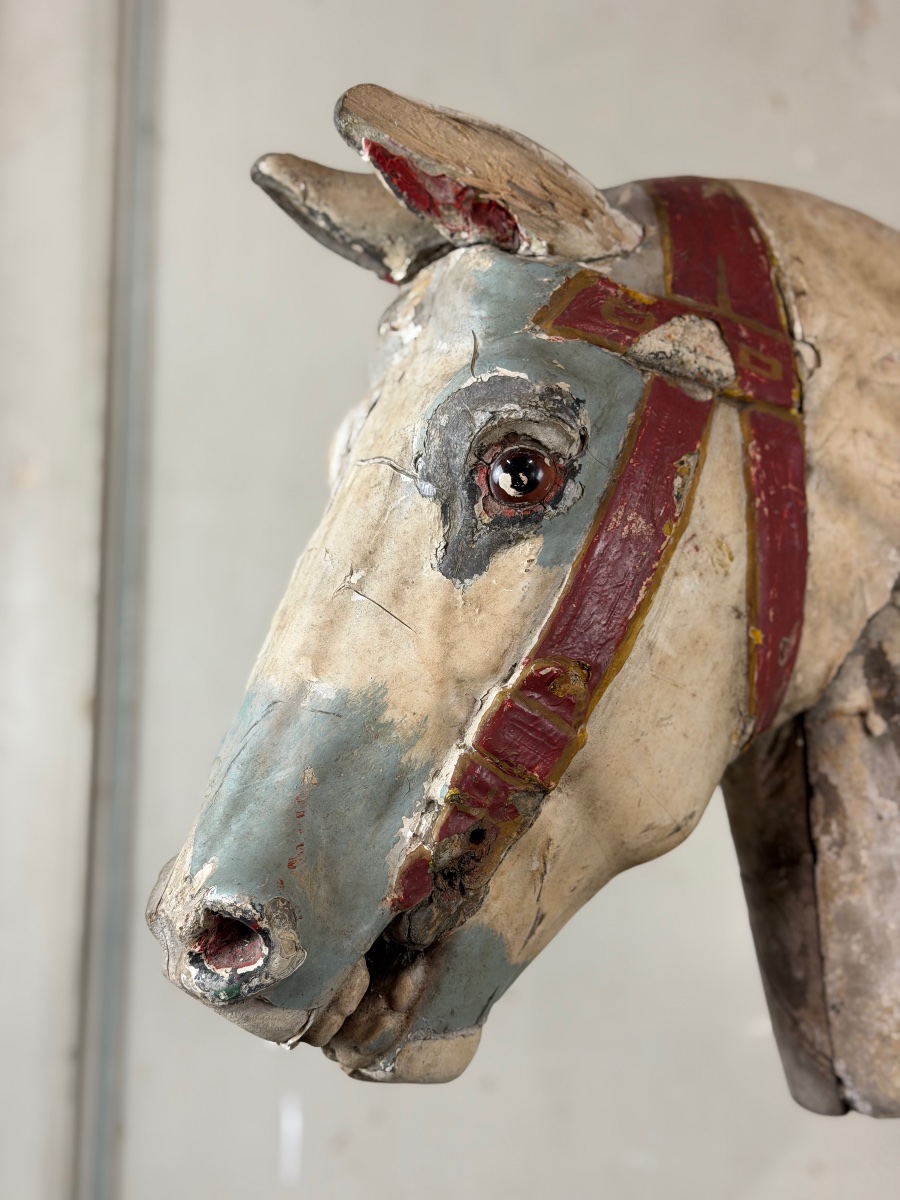 Head Of A Wooden Carousel Horse, With Multiple Layers Of Paint, Circa 1900-photo-4