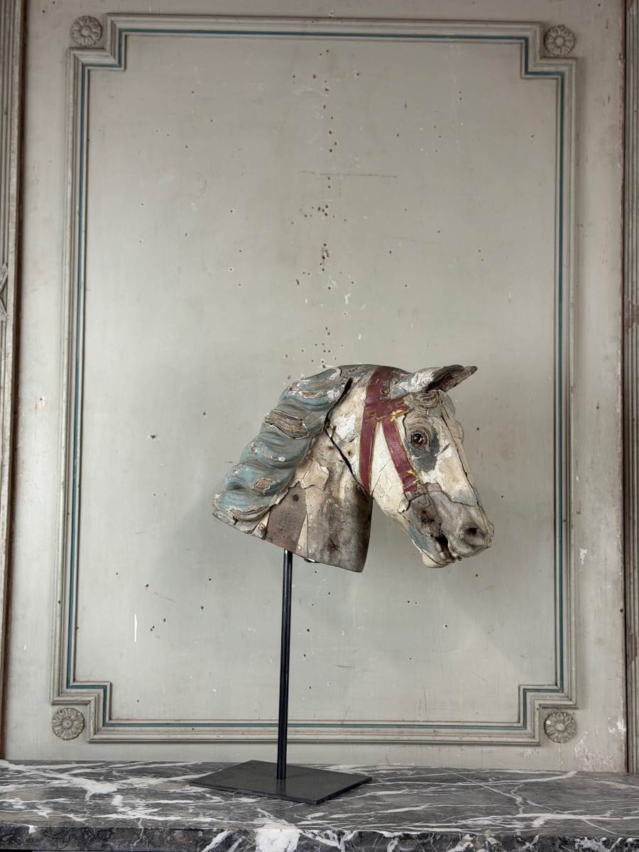 Head Of A Wooden Carousel Horse, With Multiple Layers Of Paint, Circa 1900-photo-7