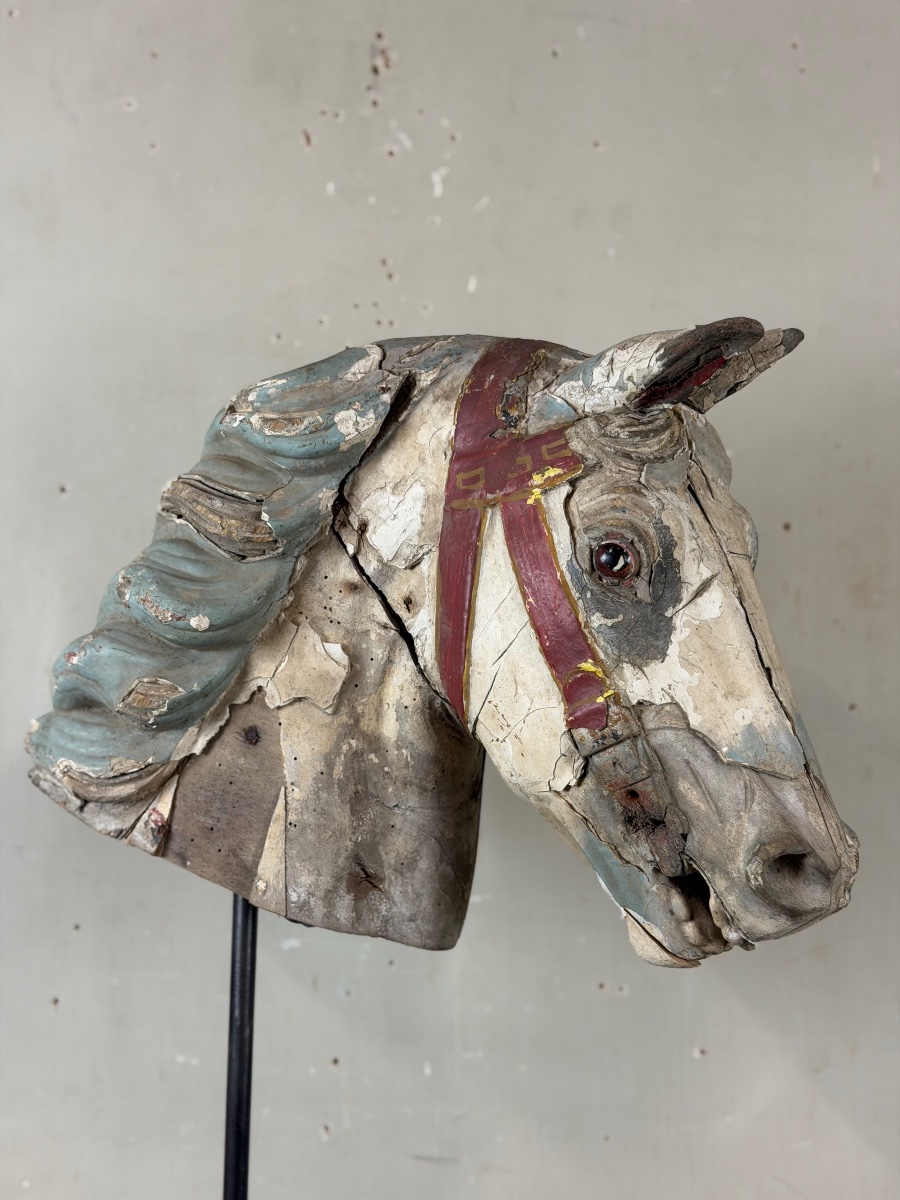 Head Of A Wooden Carousel Horse, With Multiple Layers Of Paint, Circa 1900