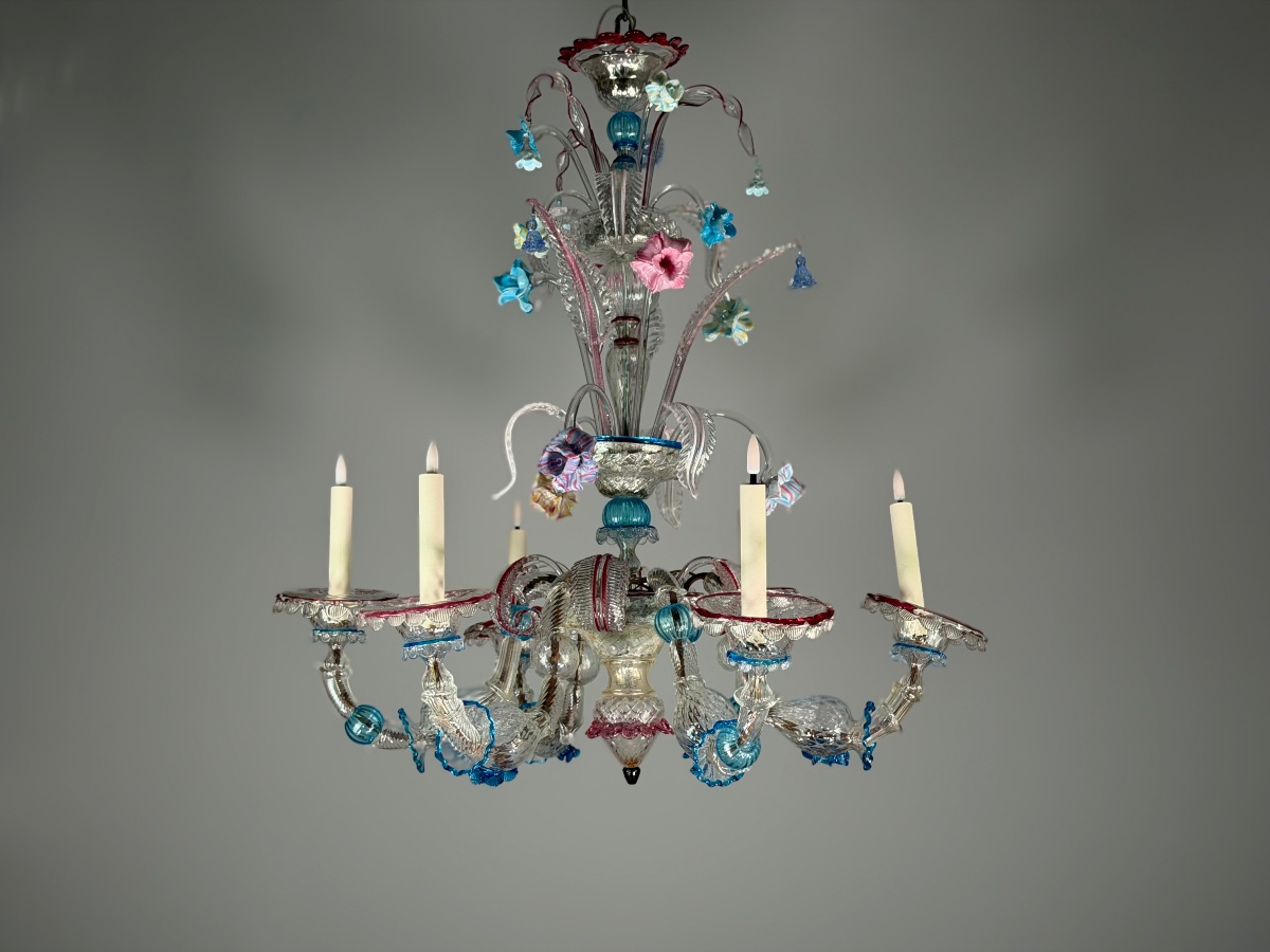 Lustre vénitien Rezzonico en verre de Venise multicolore vers 1900 -photo-3