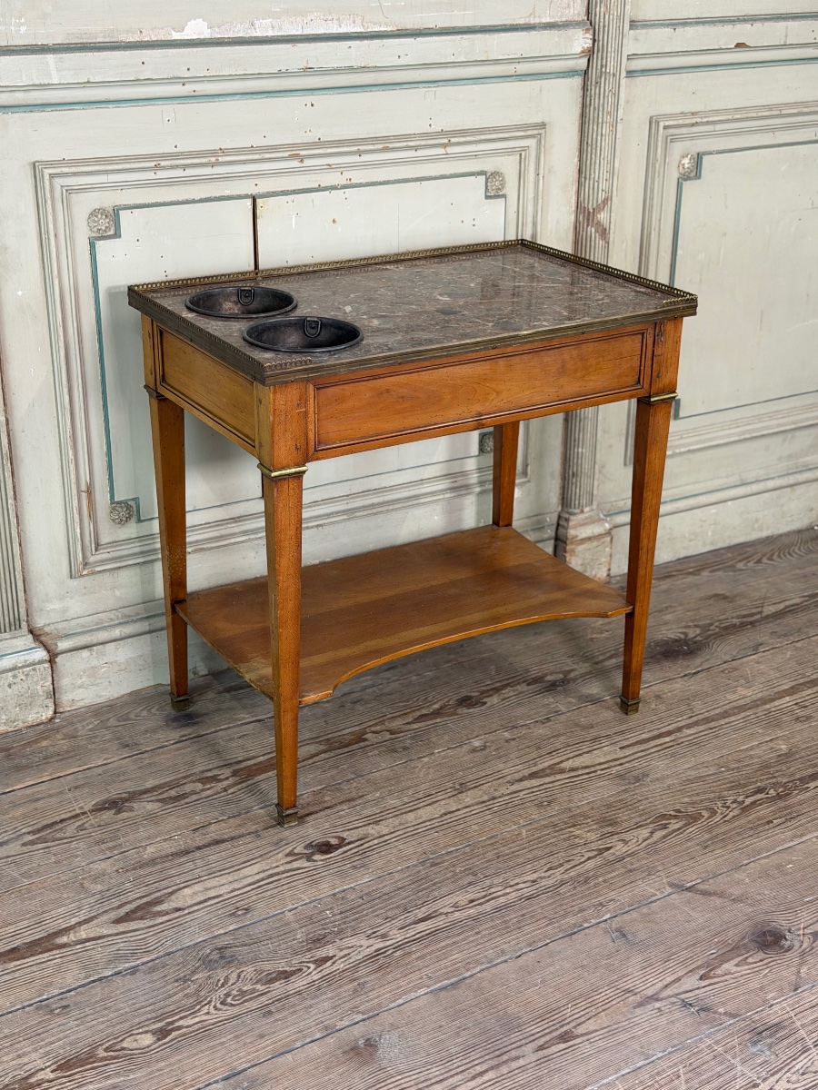 Table rafraîchissoir Louis XVI en acajou, laiton et marbre, XVIIIème siècle -photo-8