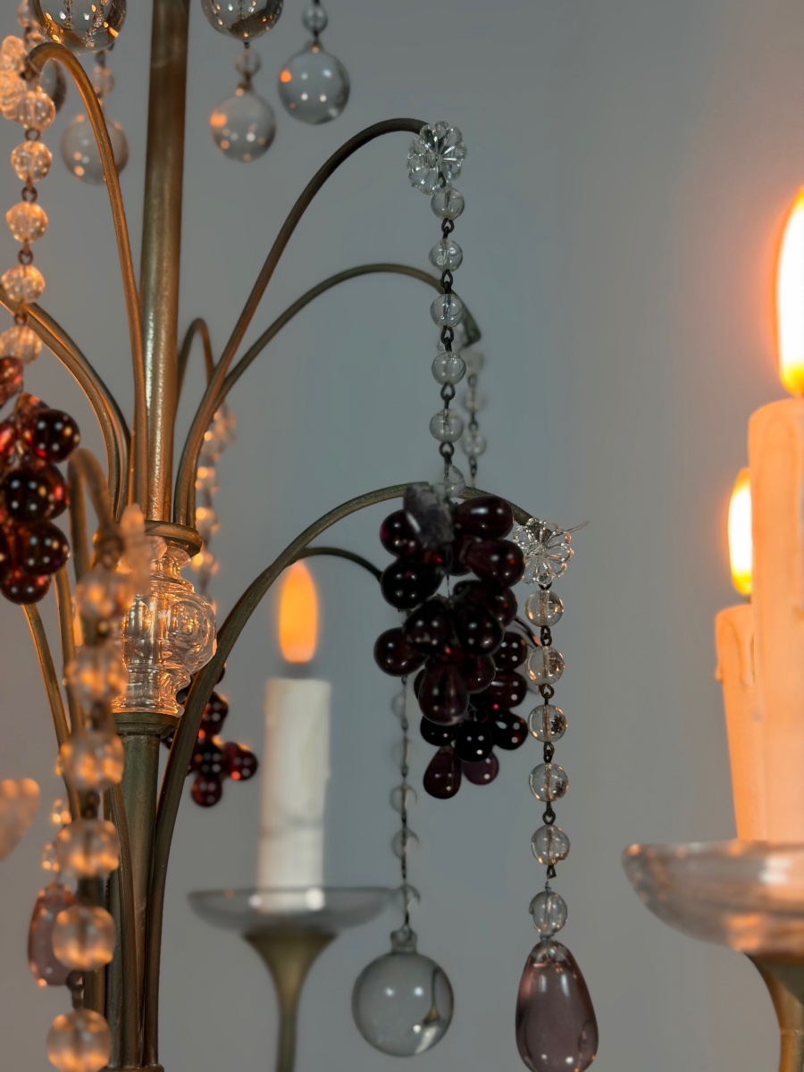 Lustre Artdeco en bronze argenté garni de pampilles et grappes de raisins, vers 1930-photo-3