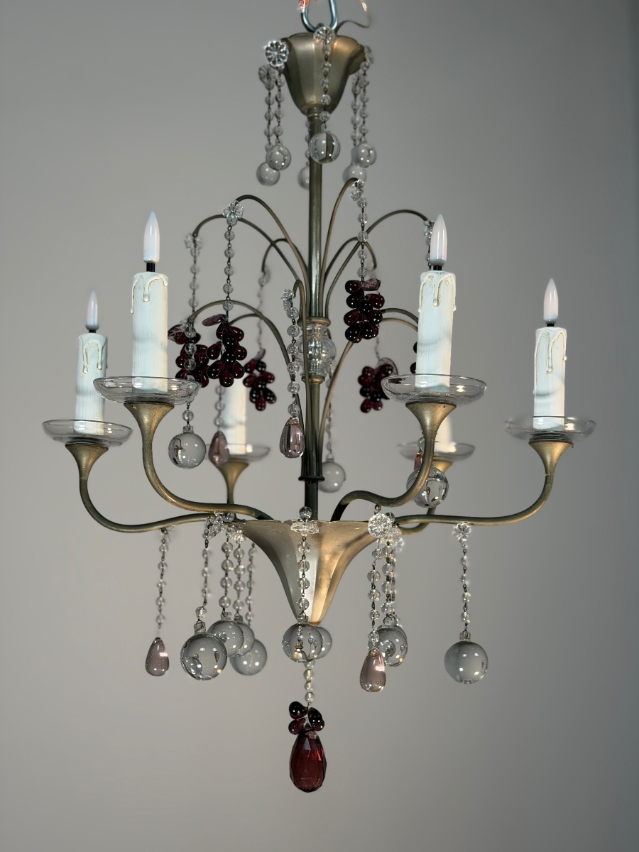 Lustre Artdeco en bronze argenté garni de pampilles et grappes de raisins, vers 1930-photo-4