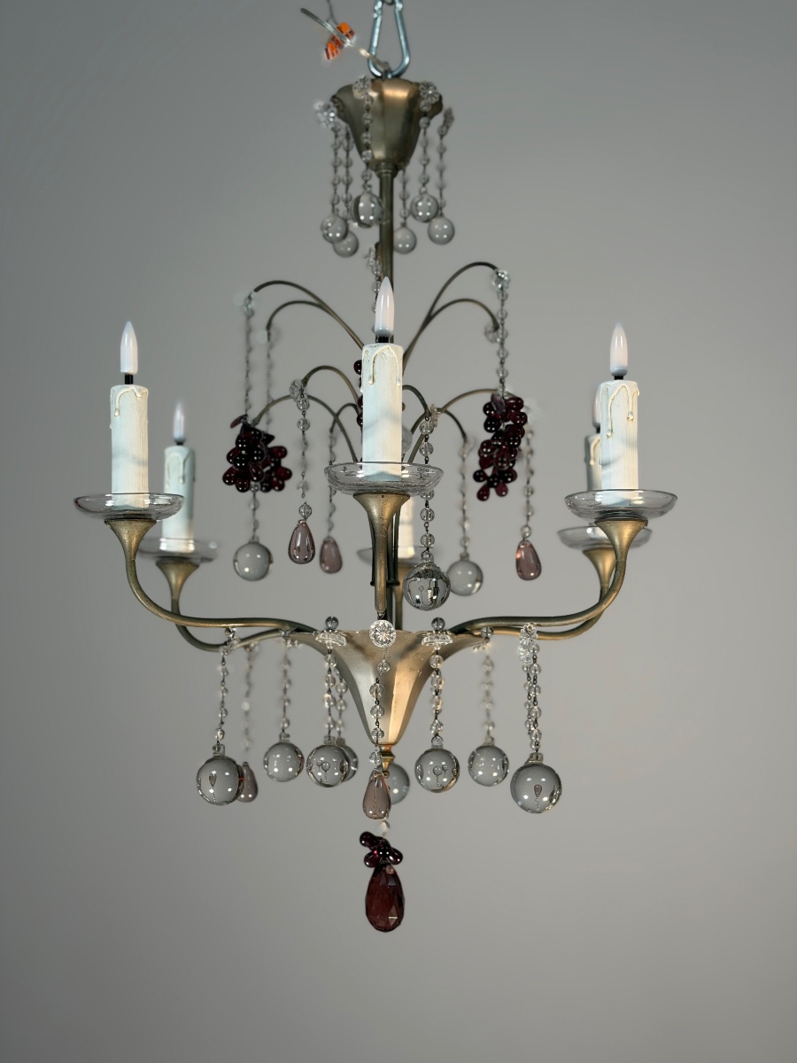 Lustre Artdeco en bronze argenté garni de pampilles et grappes de raisins, vers 1930-photo-7