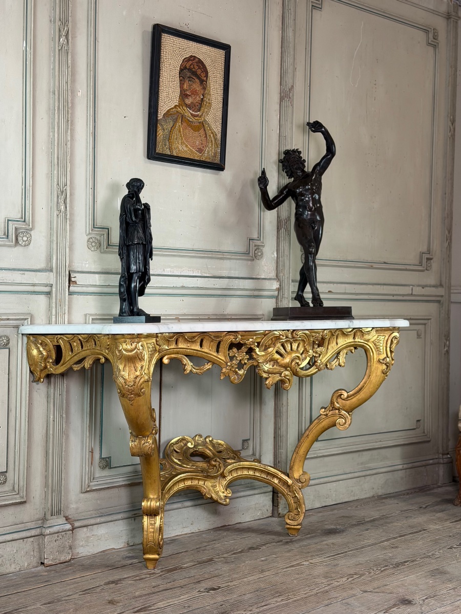 Louis XV Console Table In Gilded Wood And White Carrara Marble, 18th Century-photo-2