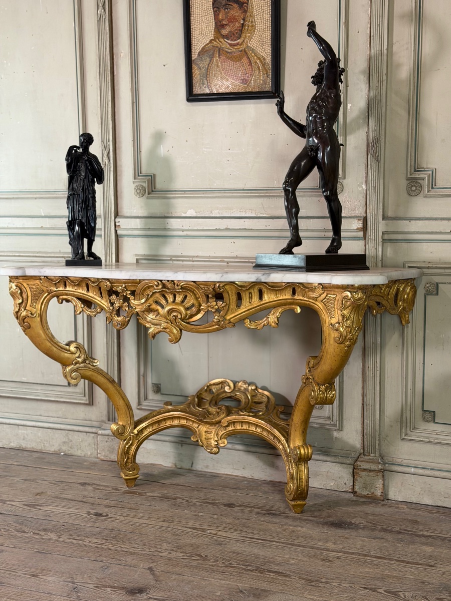 Louis XV Console Table In Gilded Wood And White Carrara Marble, 18th Century-photo-1