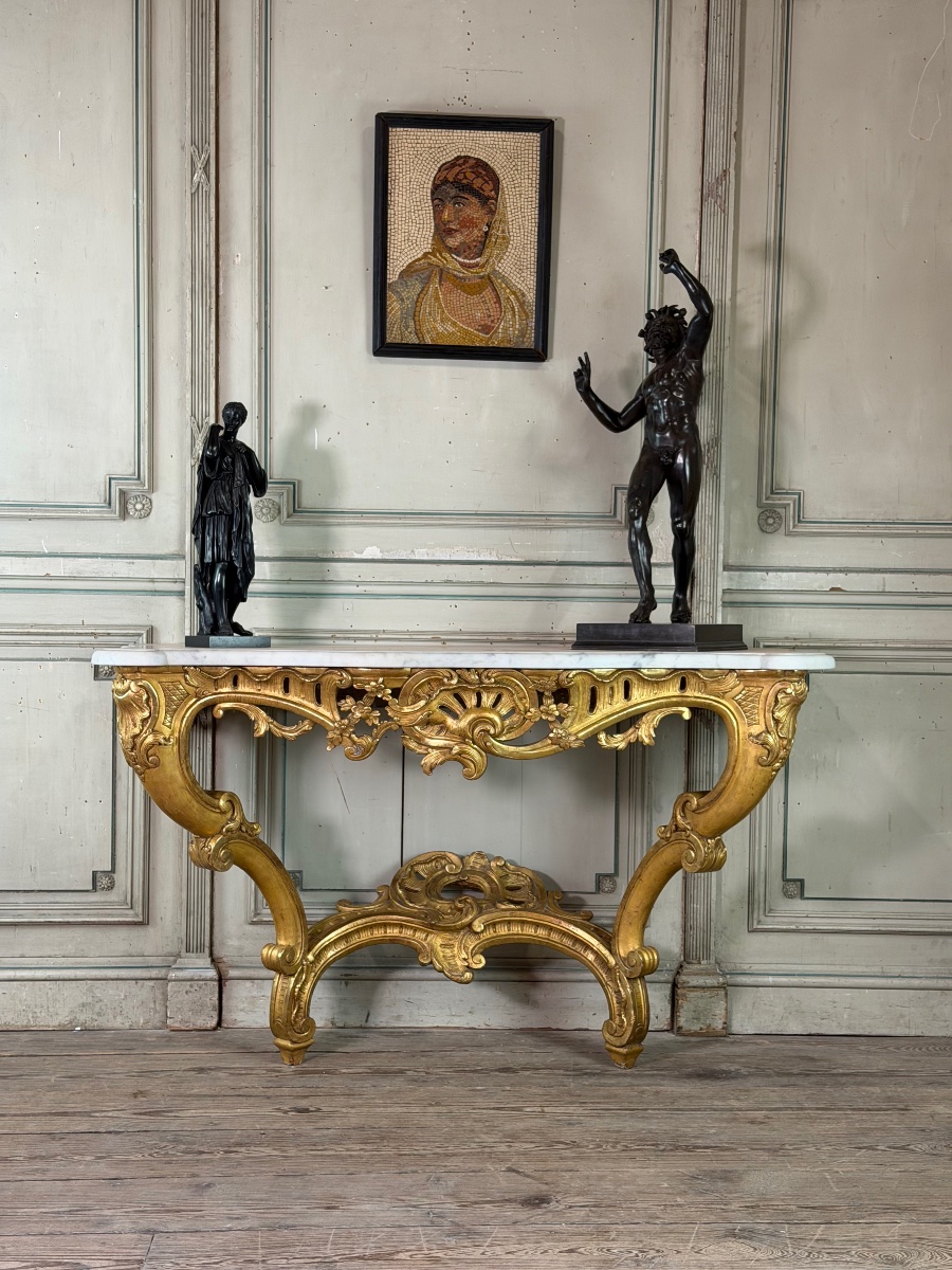 Louis XV Console Table In Gilded Wood And White Carrara Marble, 18th Century-photo-3