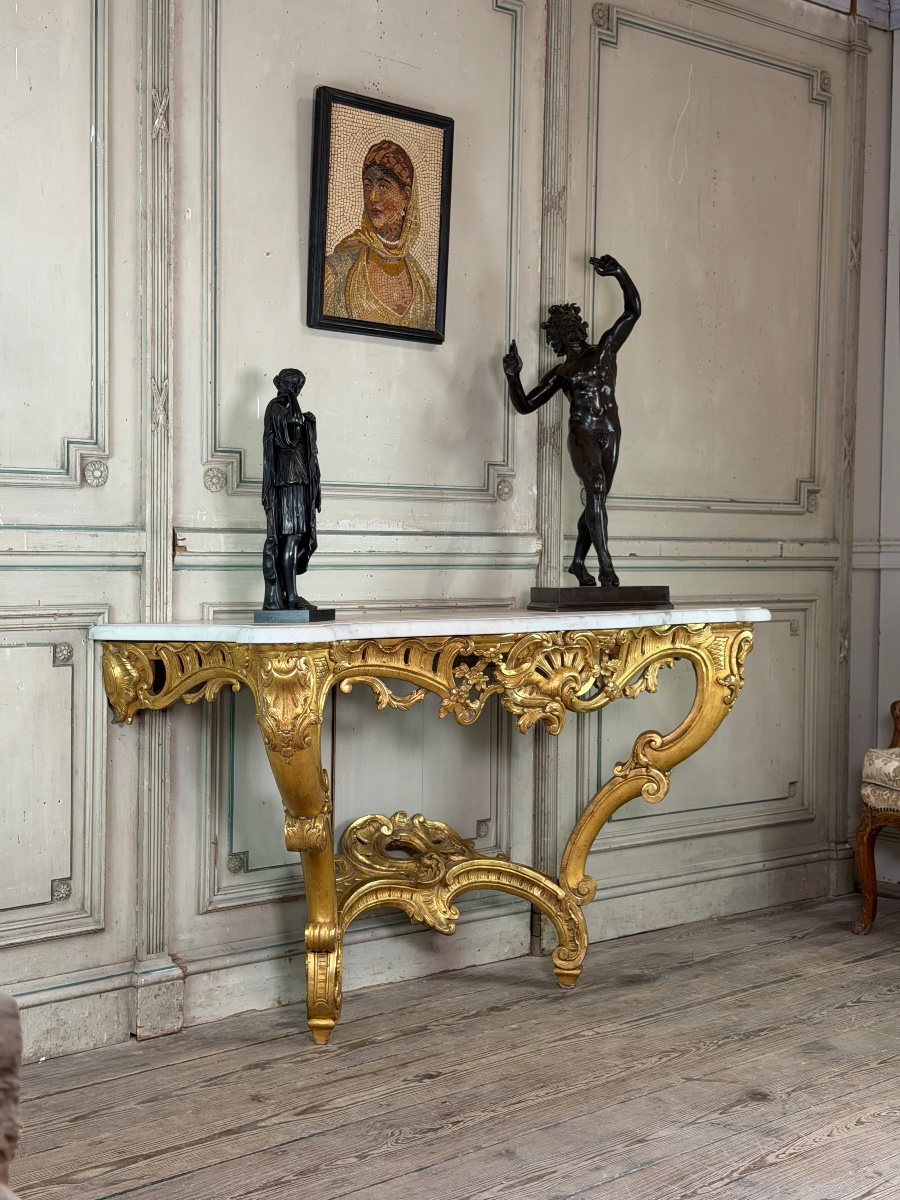 Louis XV Console Table In Gilded Wood And White Carrara Marble, 18th Century-photo-4