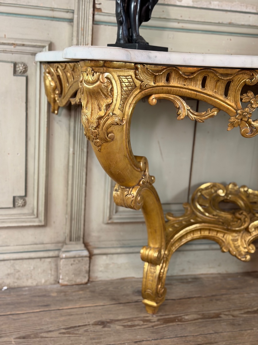 Louis XV Console Table In Gilded Wood And White Carrara Marble, 18th Century-photo-6