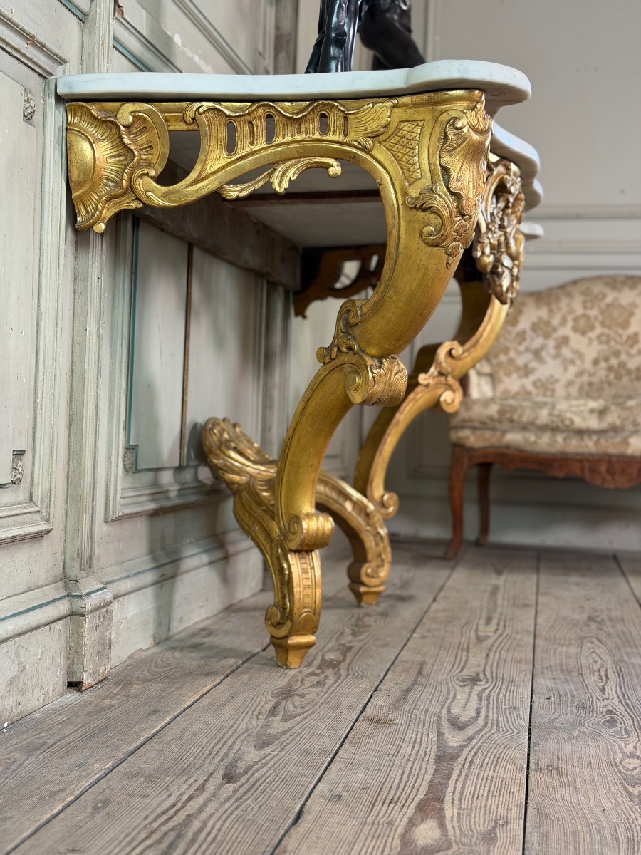 Louis XV Console Table In Gilded Wood And White Carrara Marble, 18th Century-photo-7