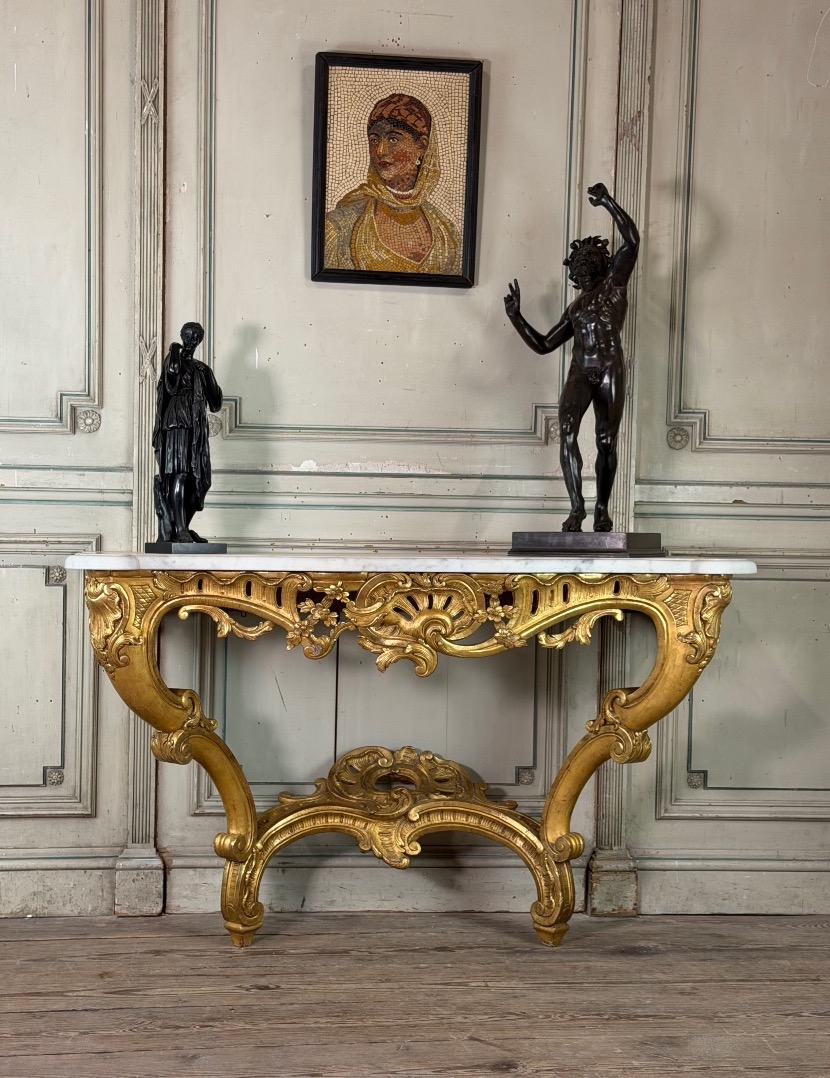 Louis XV Console Table In Gilded Wood And White Carrara Marble, 18th Century