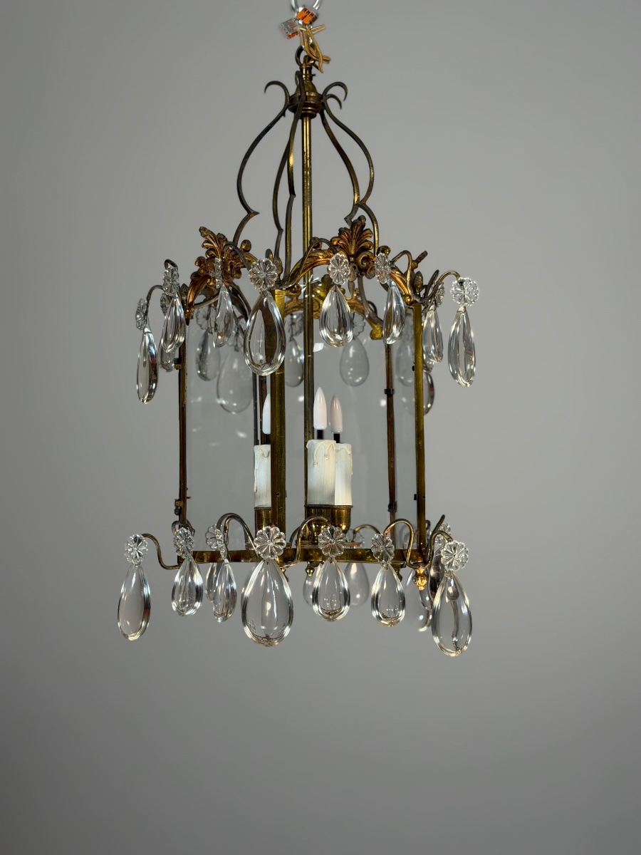 Louis XV-style Bronze Lantern With Teardrop-shaped Pendants, Circa 1900 -photo-3