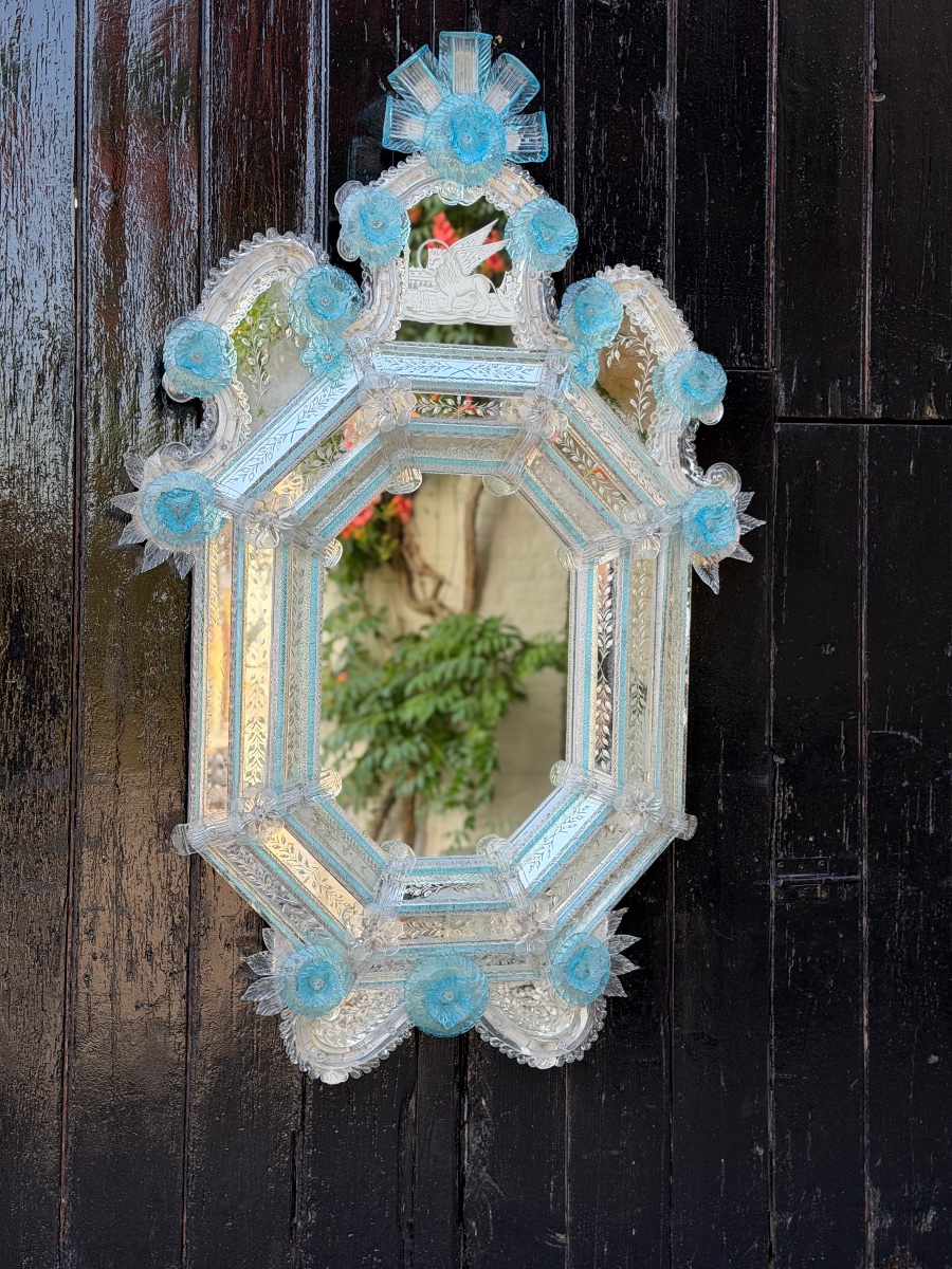 Miroir vénitien en verre de Murano incolore et bleu, vers 1930-photo-4